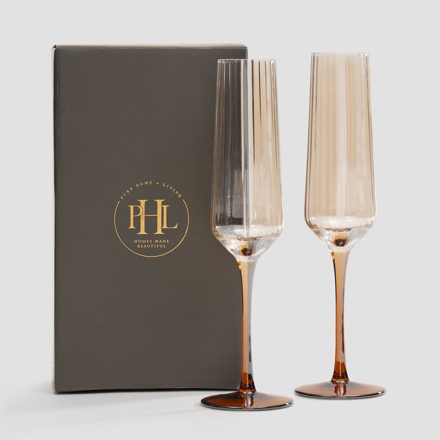 Set of 2 Amber Ombre Ribbed Texture Champagne Flutes