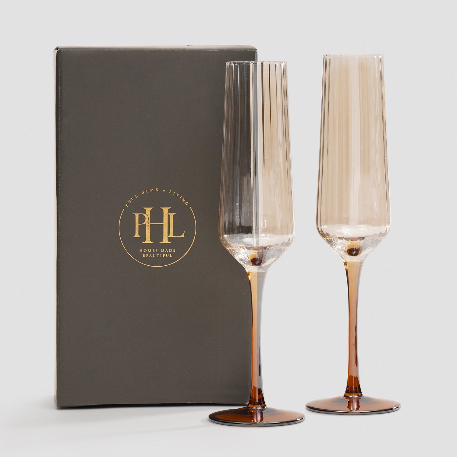 Set of 2 Amber Ombre Ribbed Texture Champagne Flutes