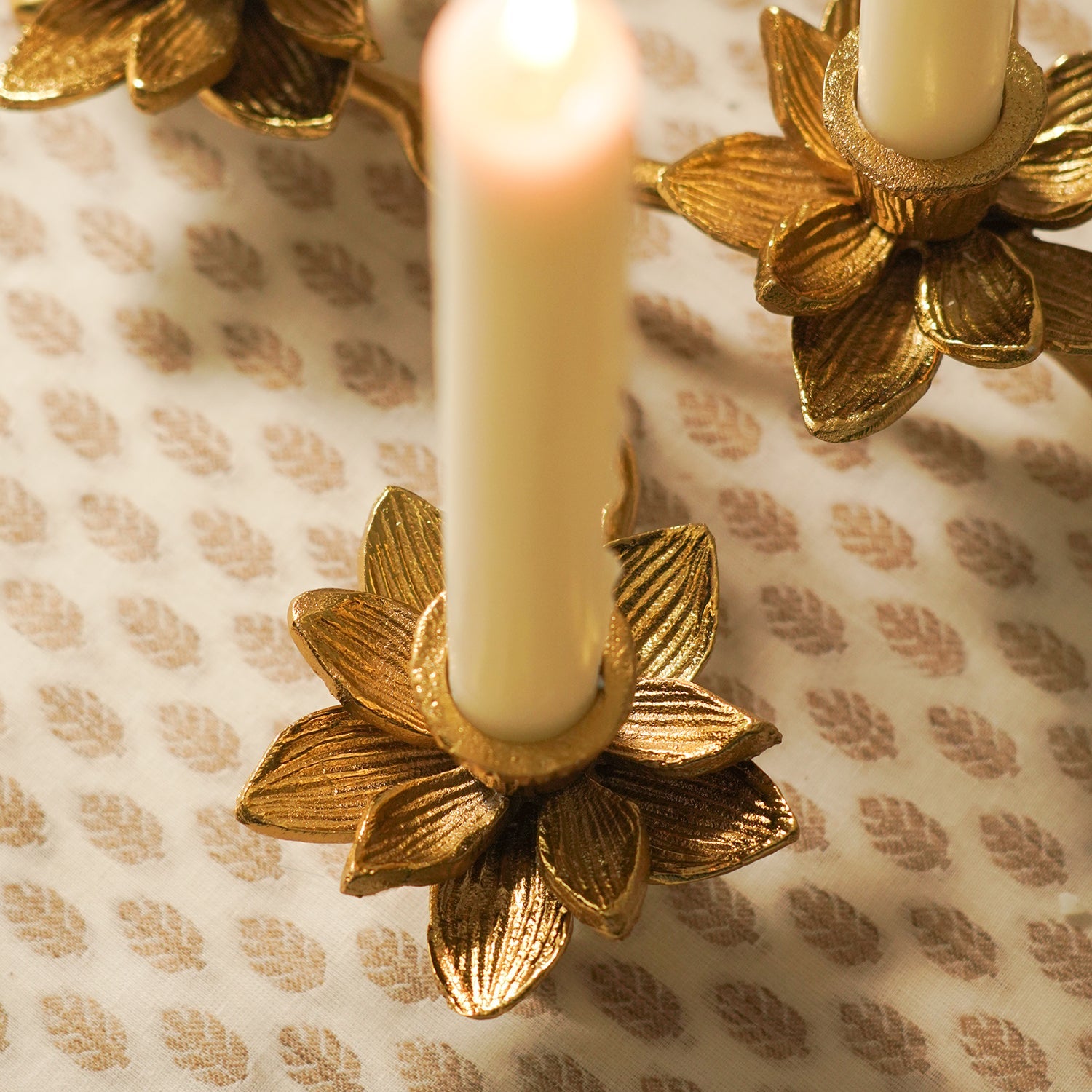 Gold 3 Arm Flowe Tapered Candle Holder