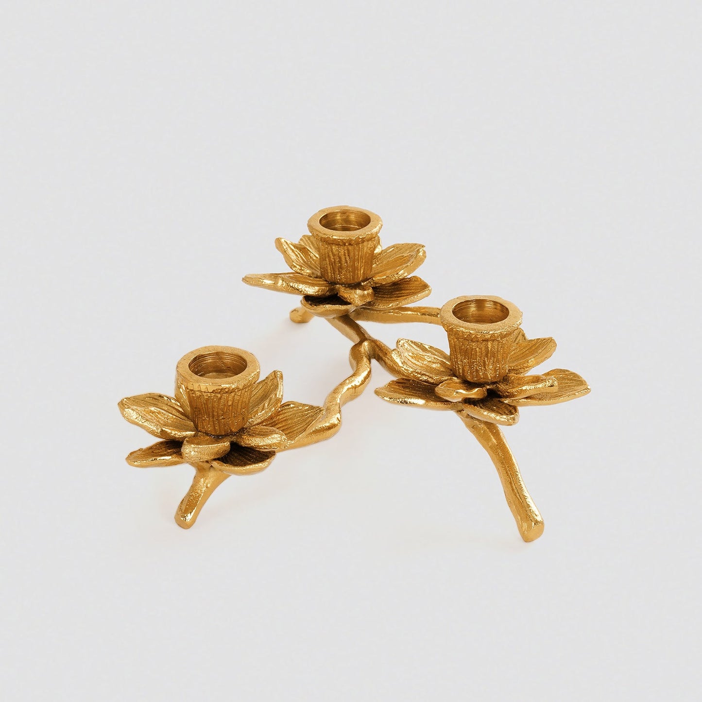Gold 3 Arm Flowe Tapered Candle Holder