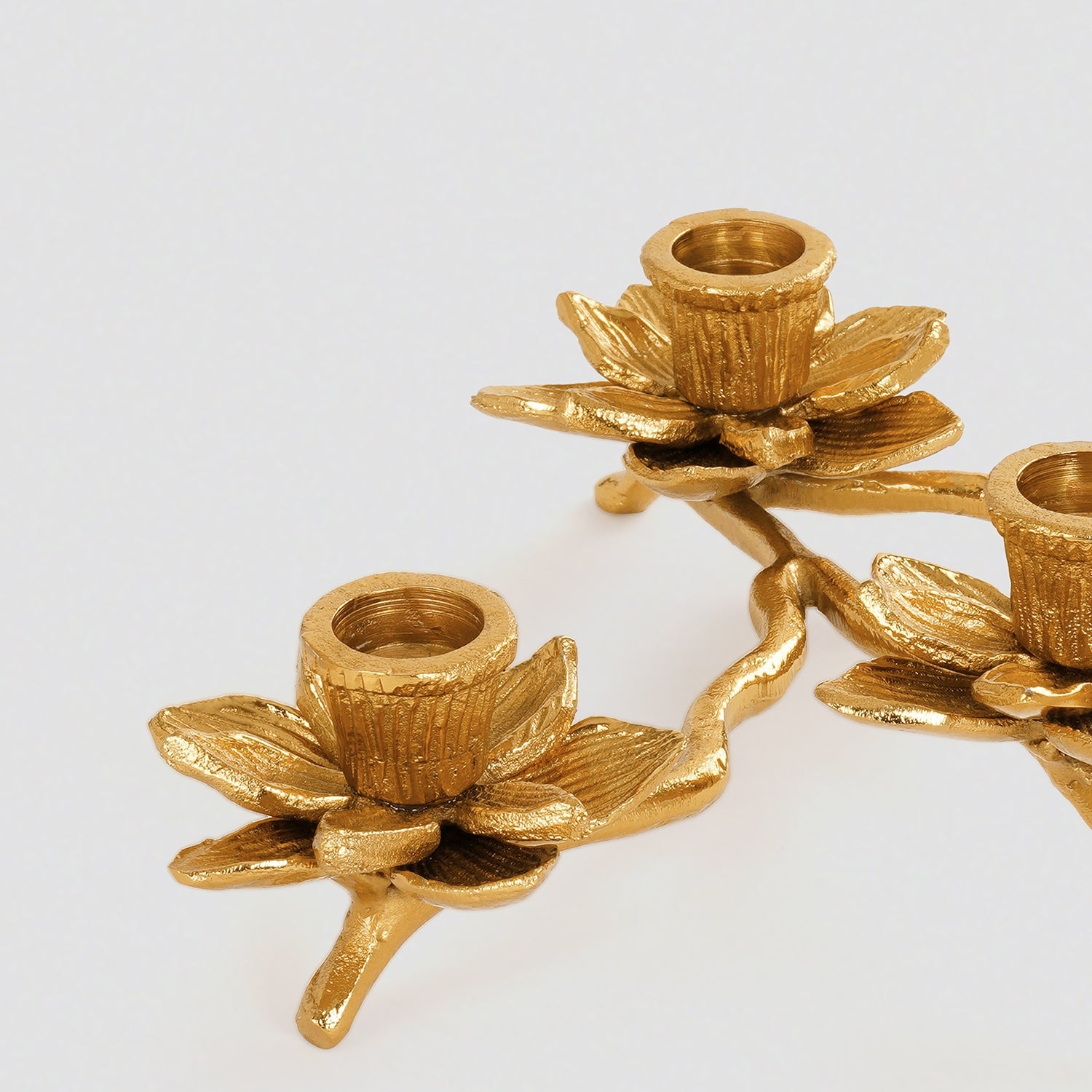 Gold 3 Arm Flowe Tapered Candle Holder