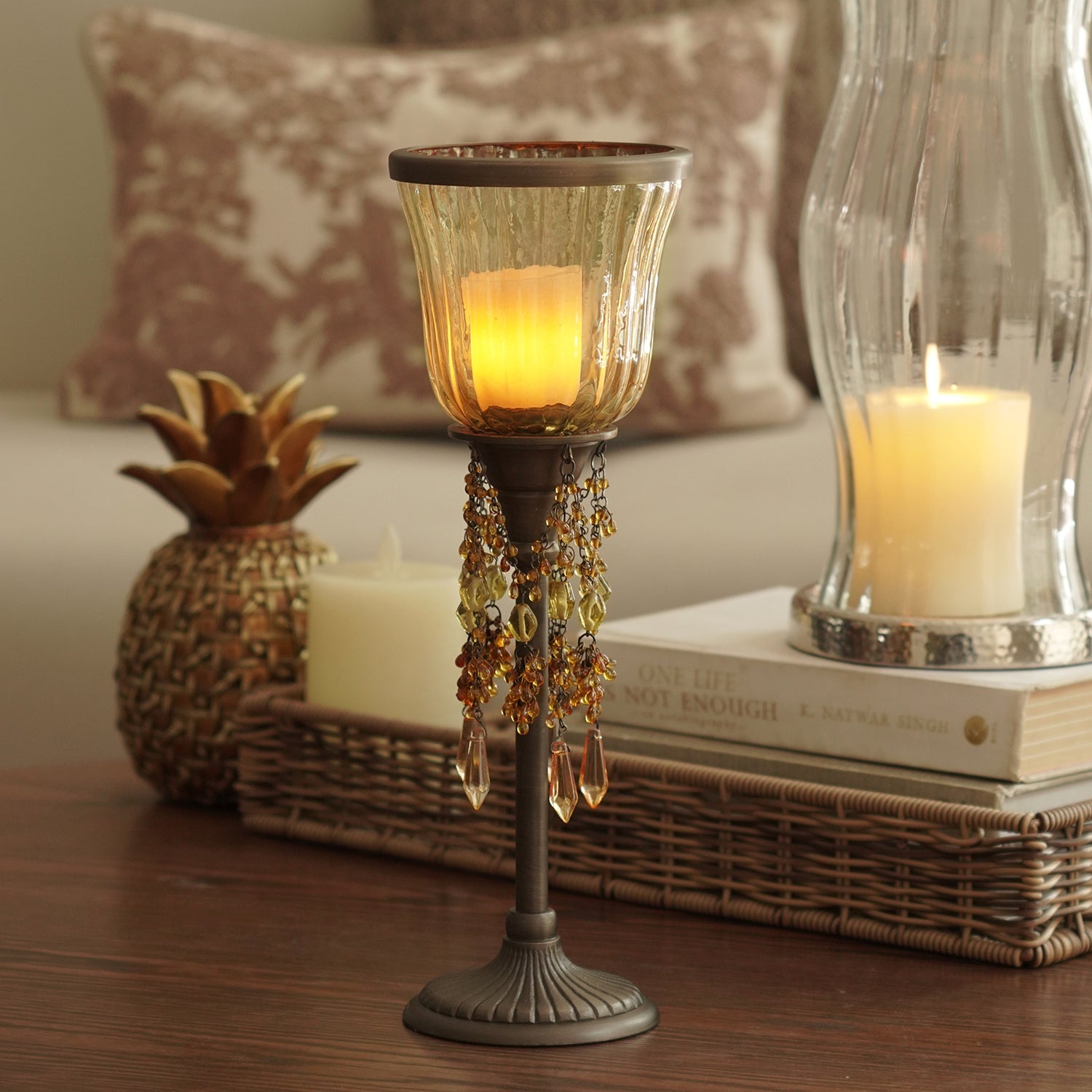Amber Tall Glass Hurricane with Hangings
