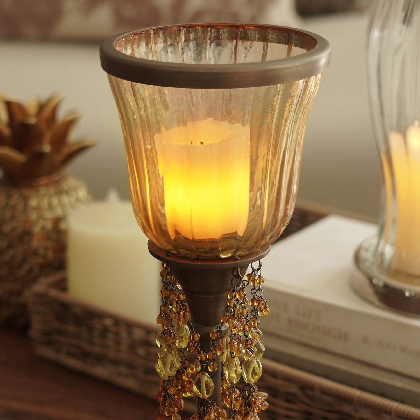 Amber Tall Glass Hurricane with Hangings