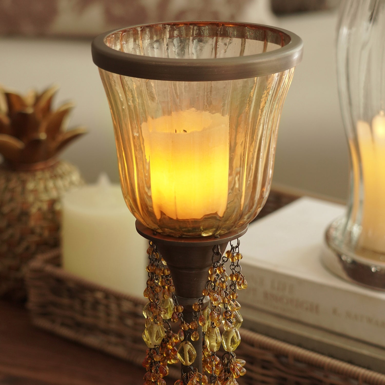 Amber Tall Glass Hurricane with Hangings