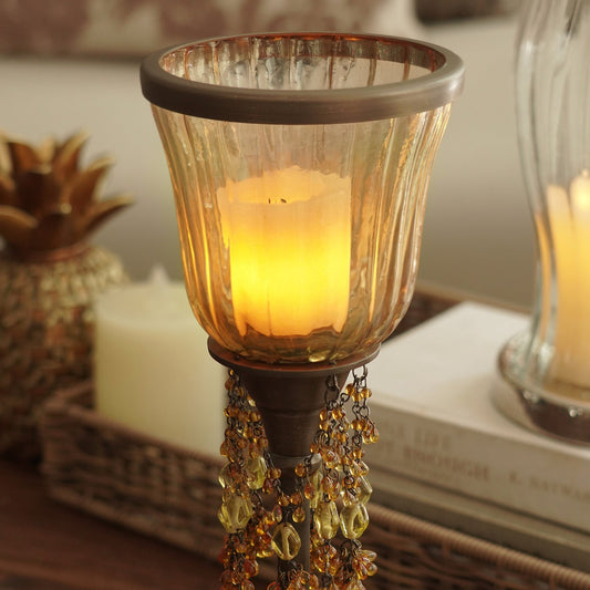 Amber Tall Glass Hurricane with Hangings