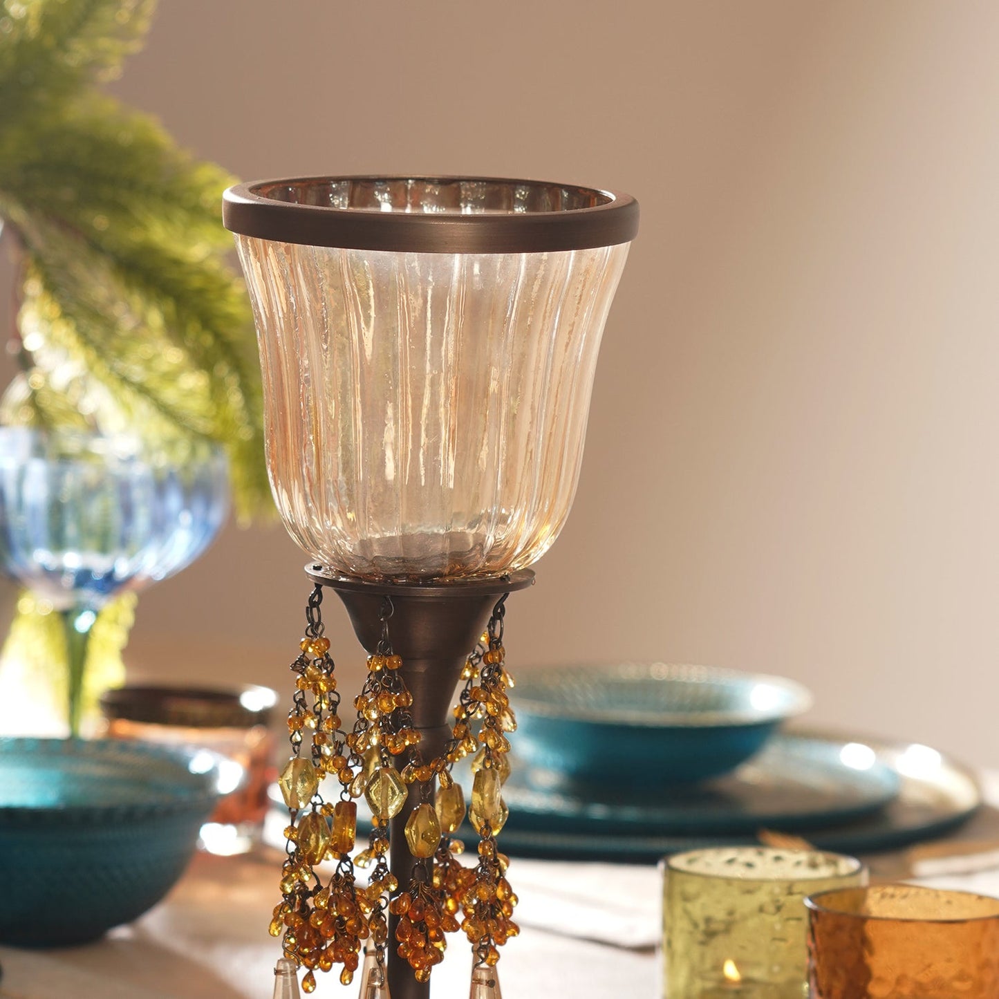 Amber Glass Hurricane with Hangings