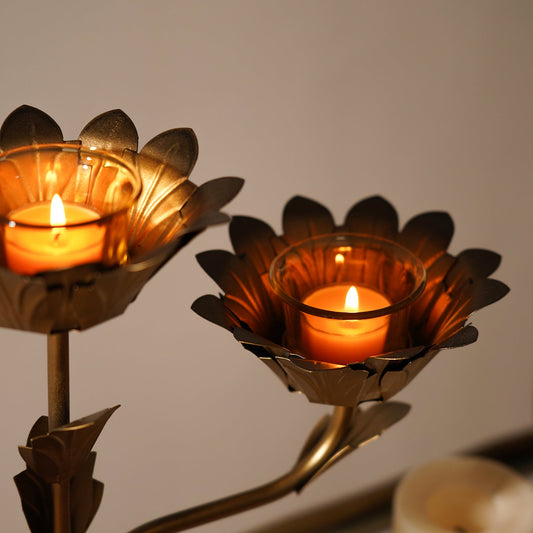 Bronze Lotus Shaped 3 Arm Candelabra