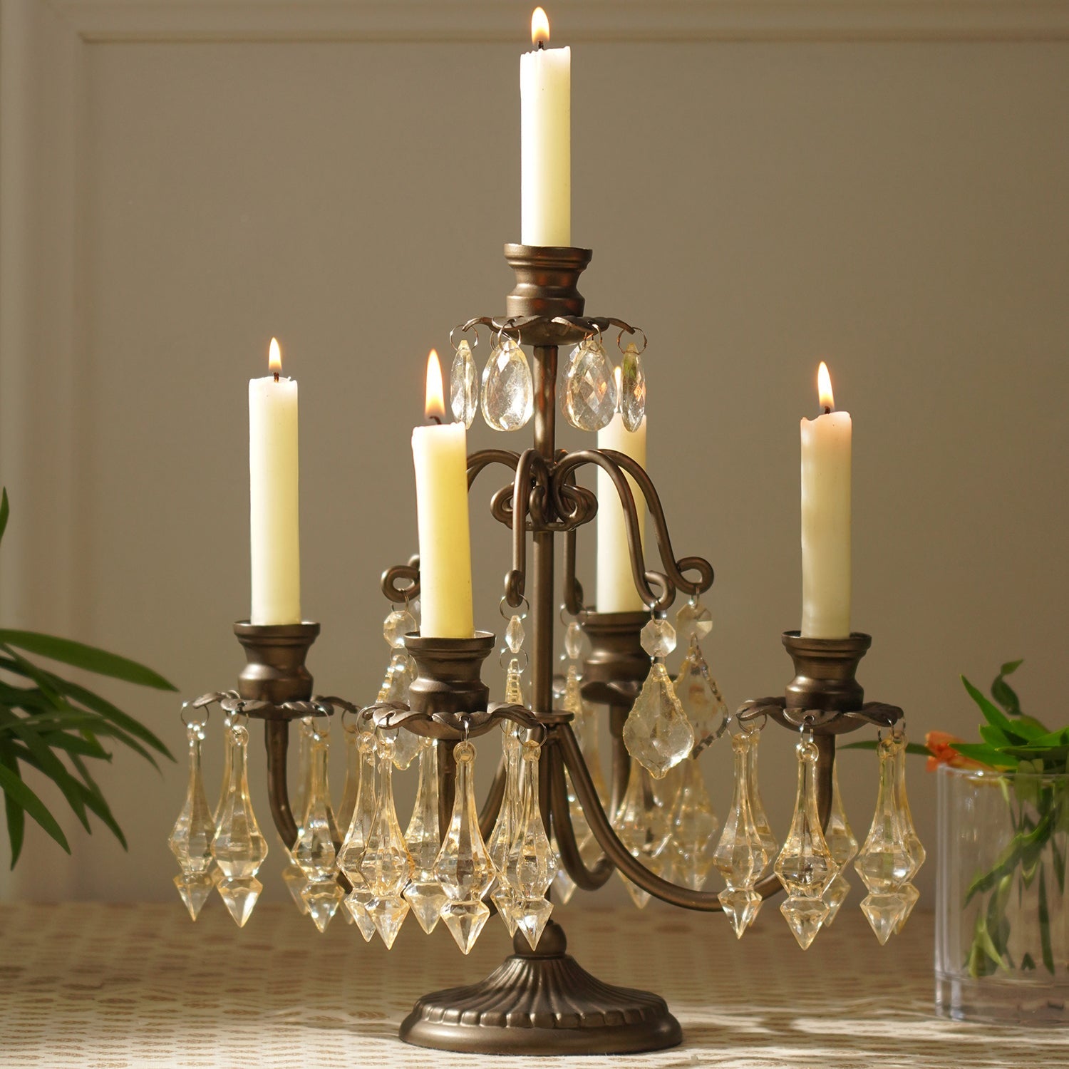 Bronze 5 Arm Tapered Candelabra with Hanging Crystals