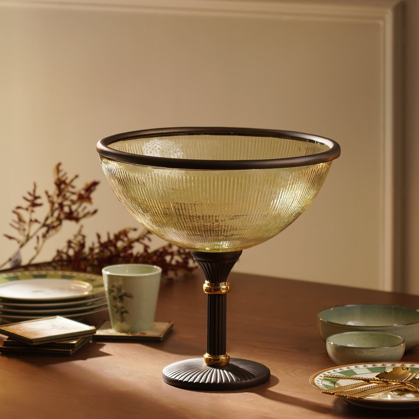 Amber Antique Finish Ribbed Glass Bowl with Stand - Large