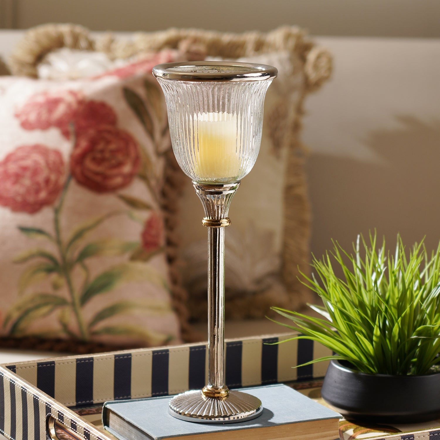 Clear Glass Ribbed Tall Candle Holder - Small