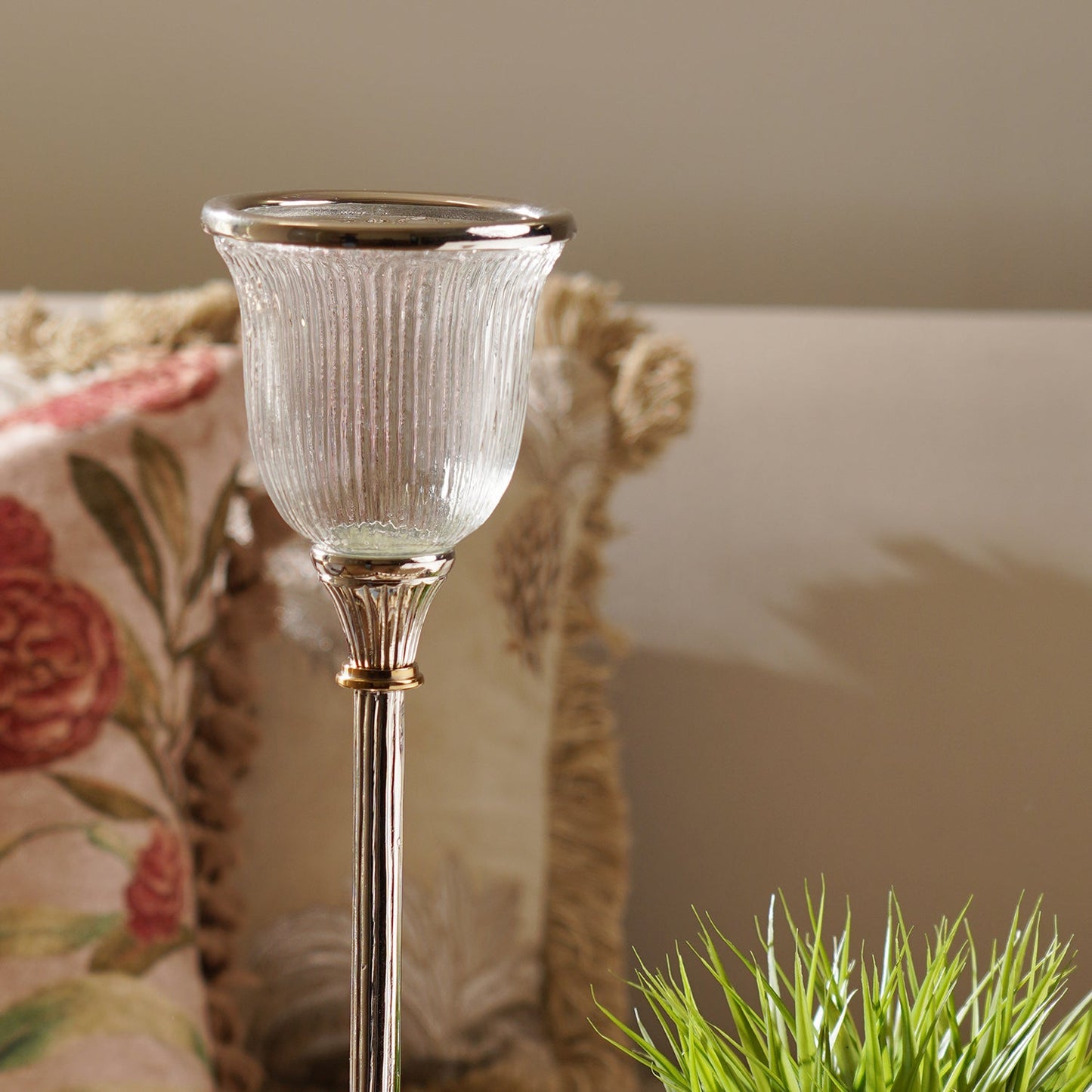 Clear Glass Ribbed Tall Candle Holder - Large