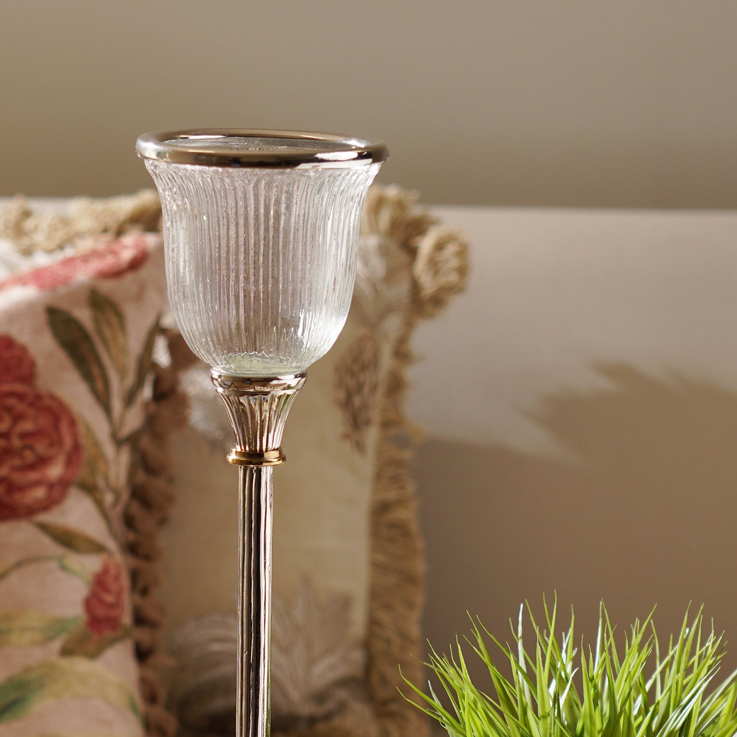 Clear Glass Ribbed Tall Candle Holder - Large