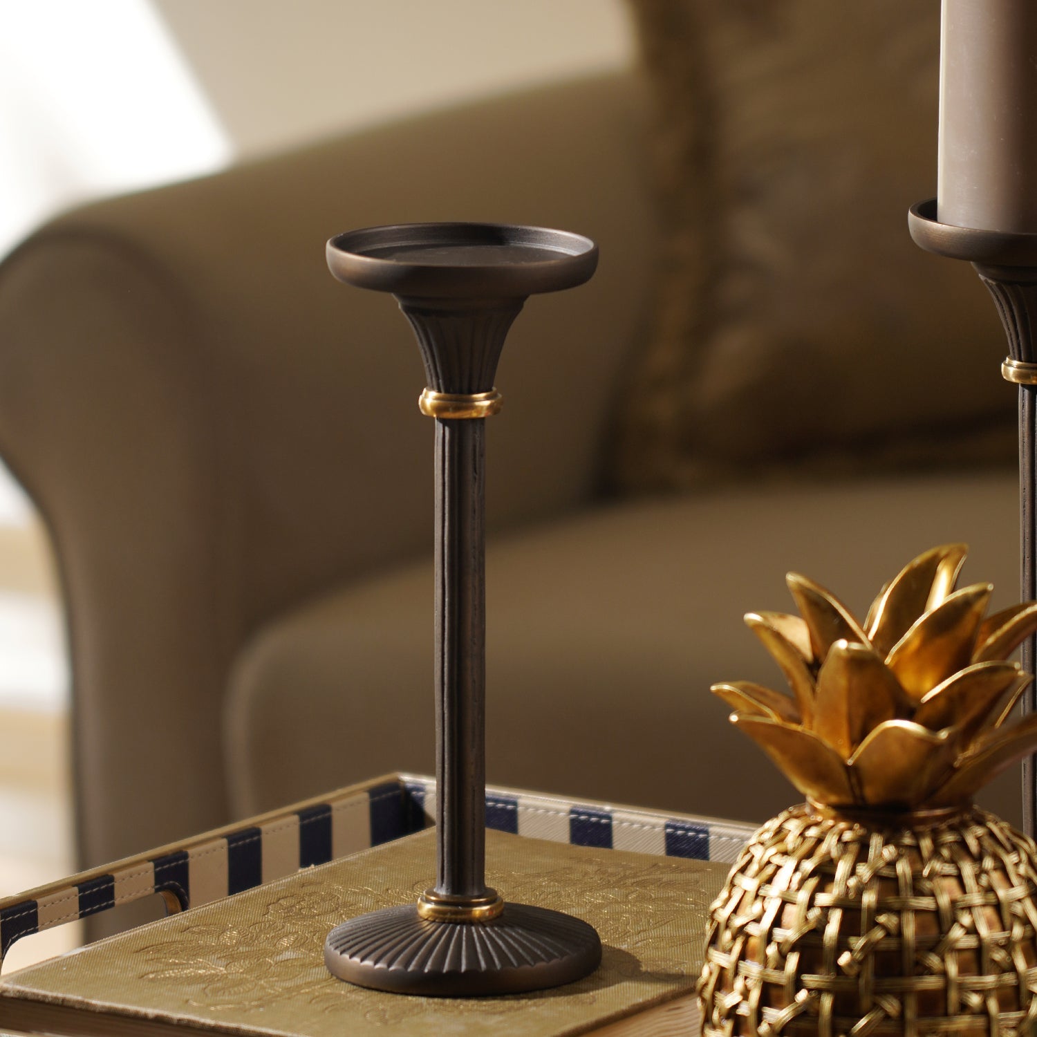 Brown Antique Finish Pillar Candle Holder - Small