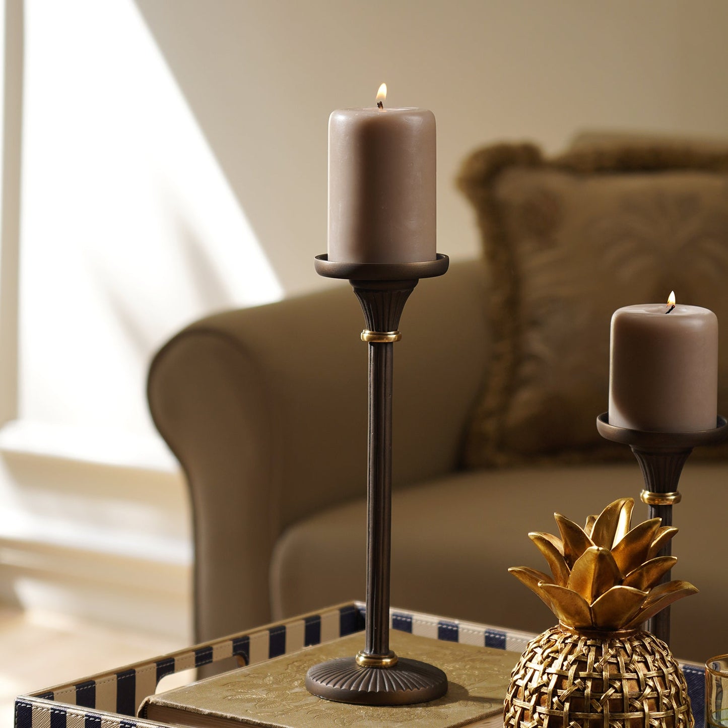 Brown Antique Finish Pillar Candle Holder - Large