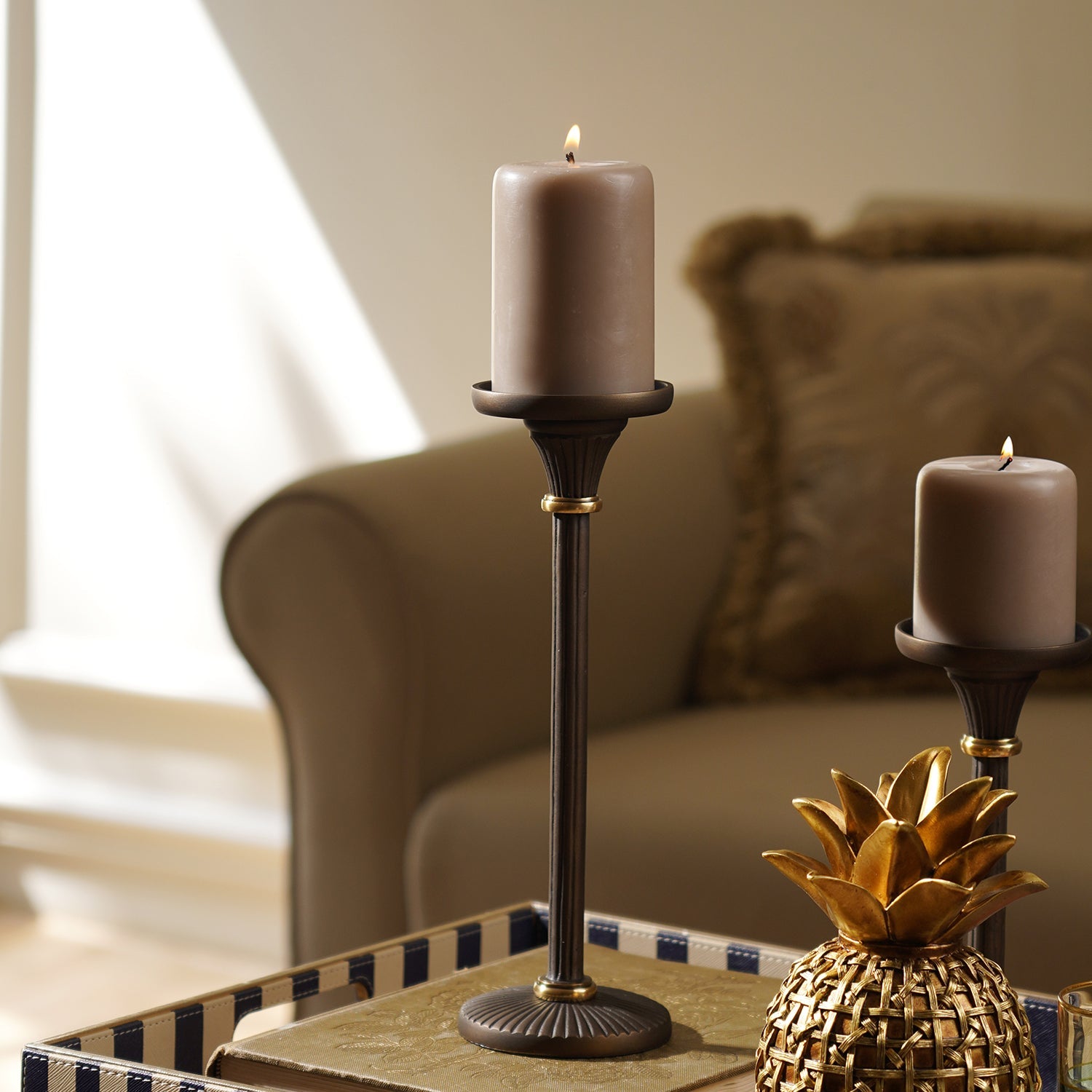 Brown Antique Finish Pillar Candle Holder - Large