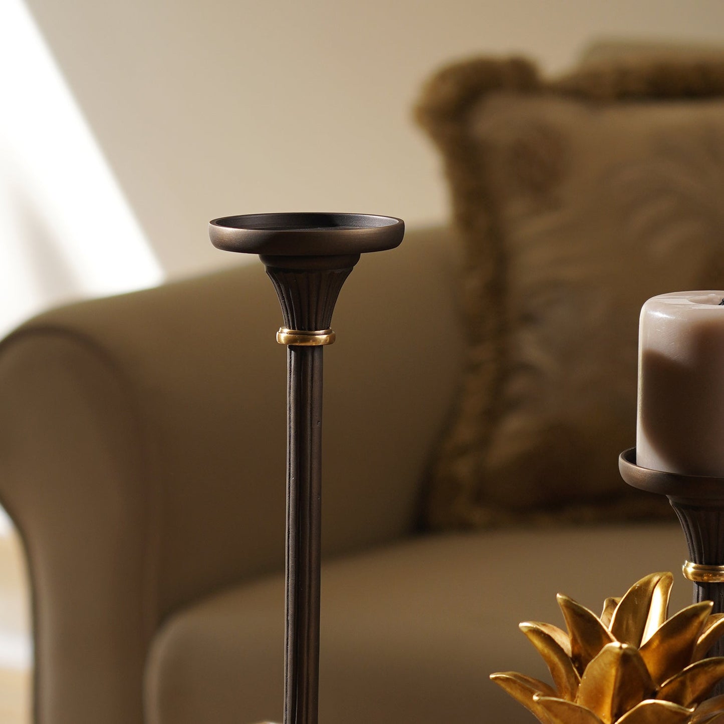 Brown Antique Finish Pillar Candle Holder - Large