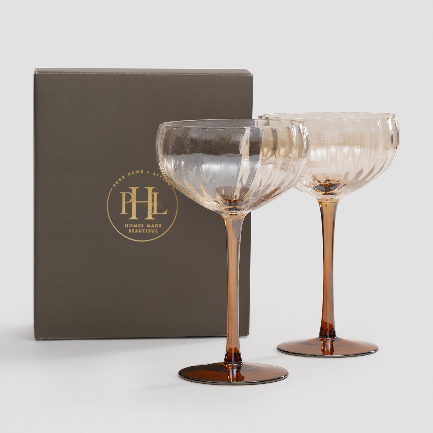 Set of 2 Light Amber Ombre Ribbed Coupes