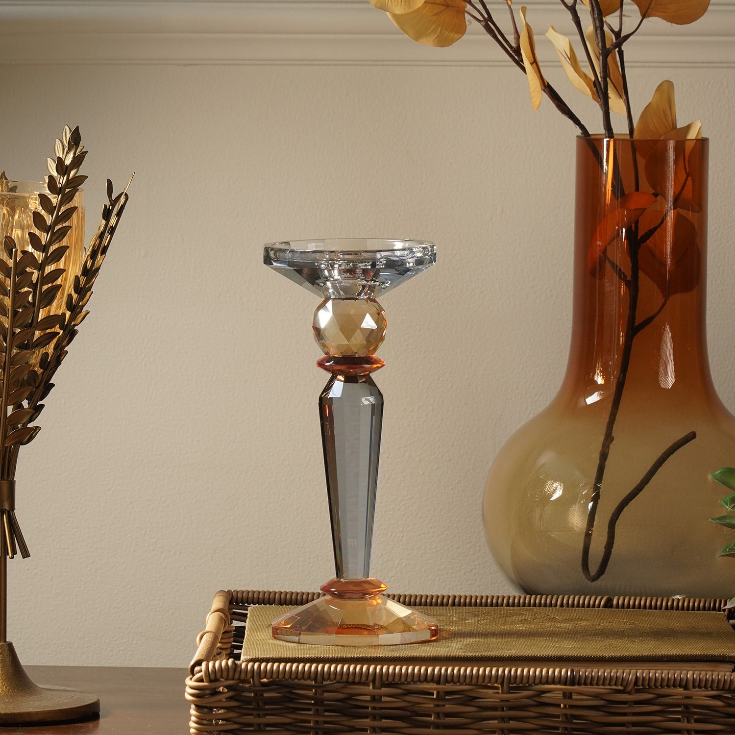 Grey & Amber Glass Crystal Candle Holder