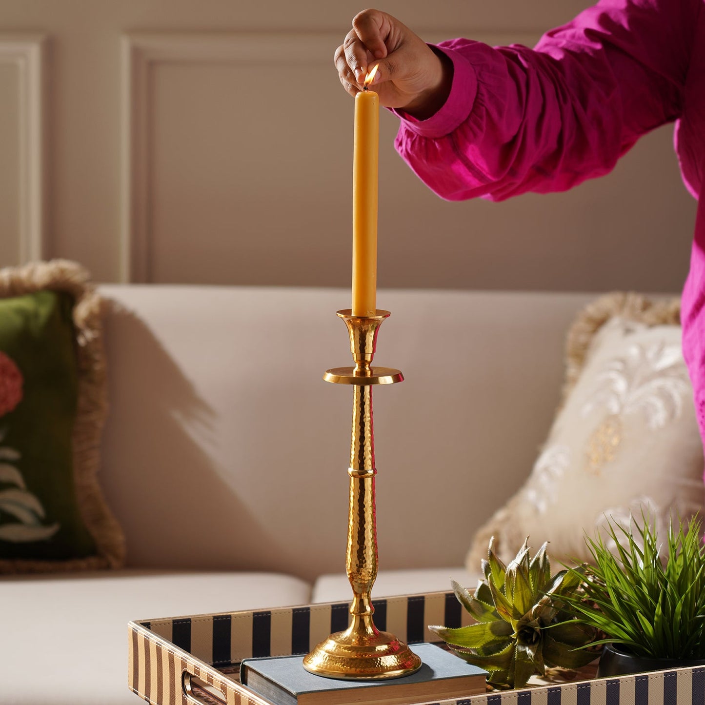 Gold Tall Hammered Candle Holder - Large