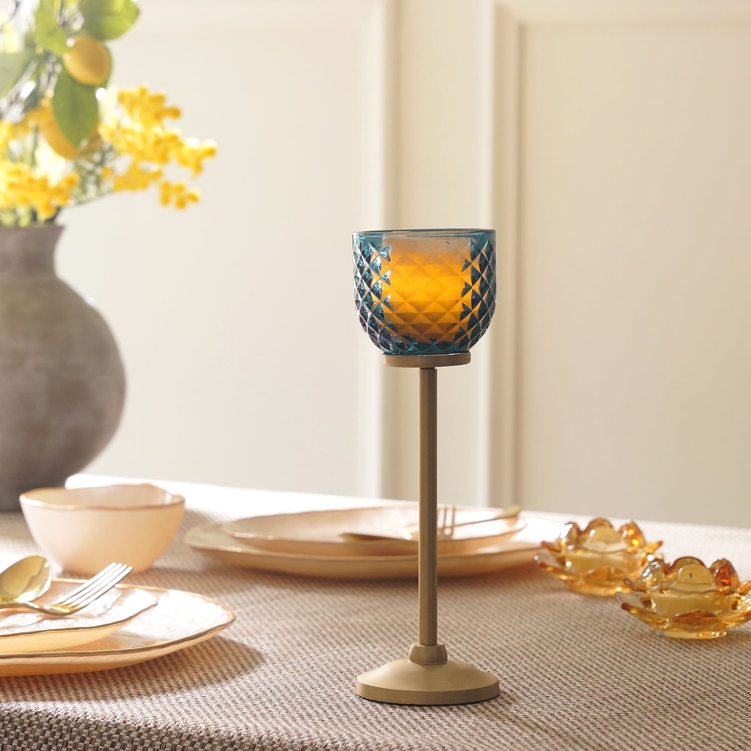 Pure Home + Living】 Teal Diamond Texture Candle Holder with Stand