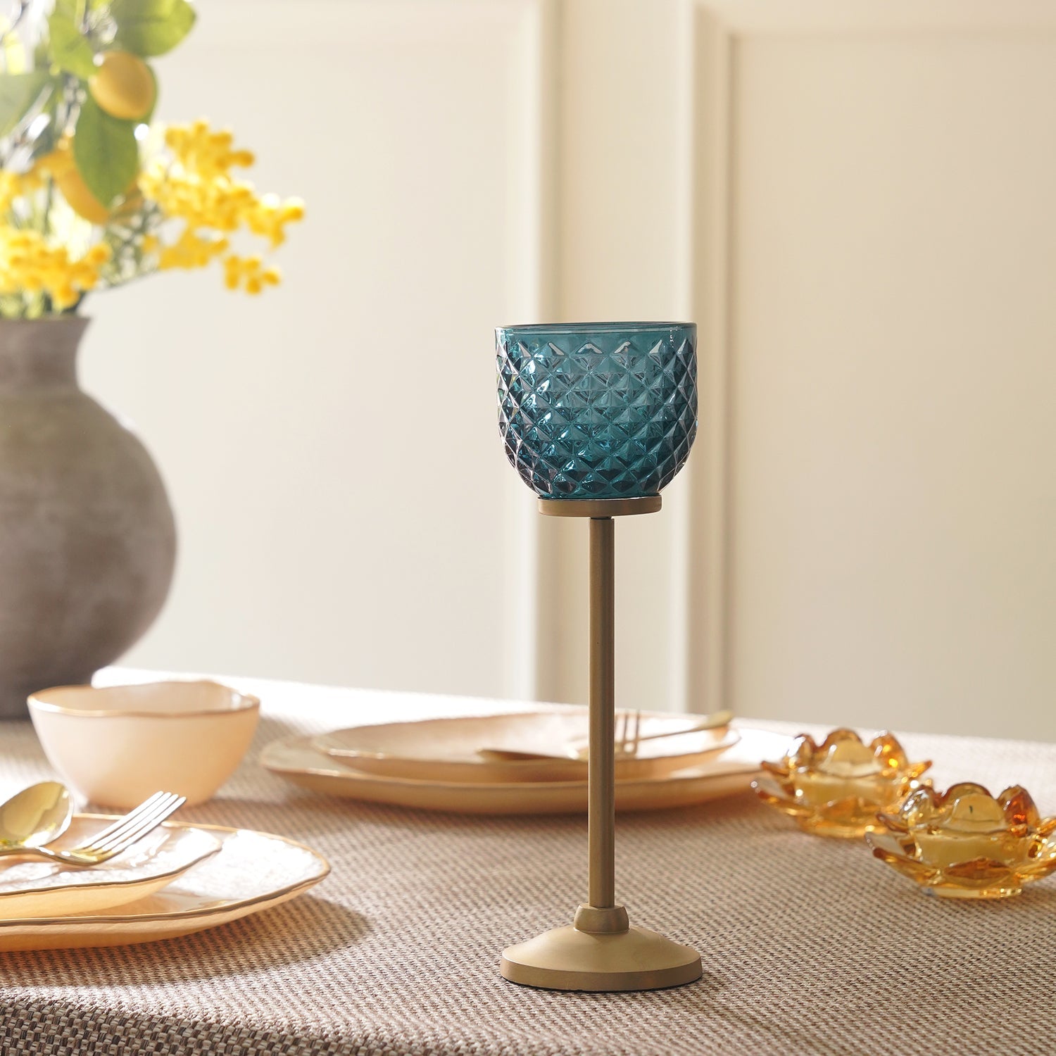 Teal Diamond Texture Candle Holder with Stand - Large