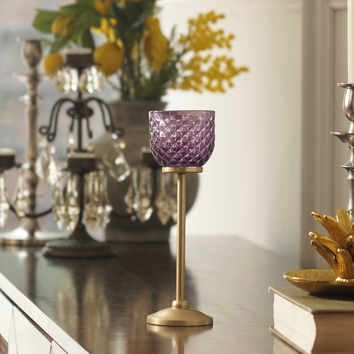 Purple Diamond Texture Candle Holder with Stand - Small