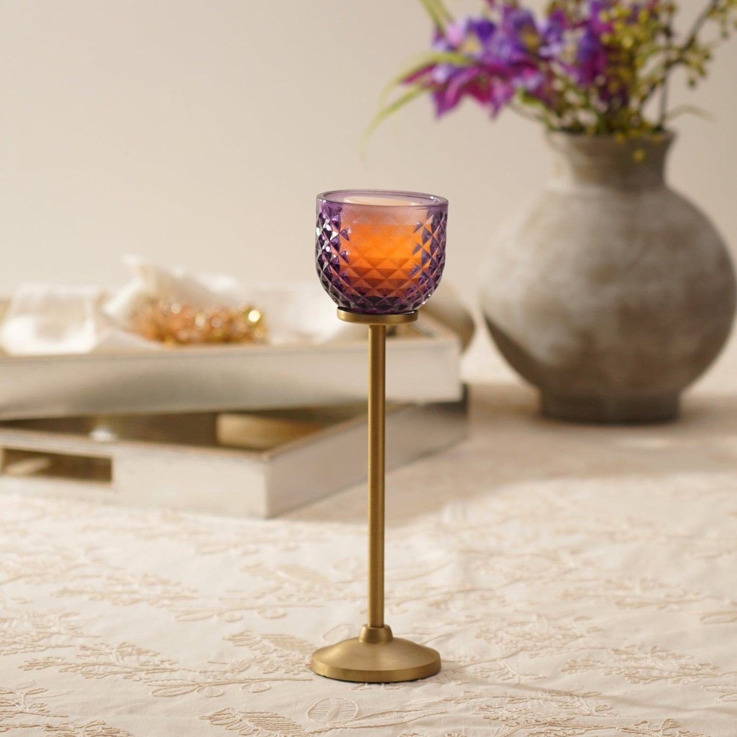 Purple Diamond Texture Candle Holder with Stand - Large
