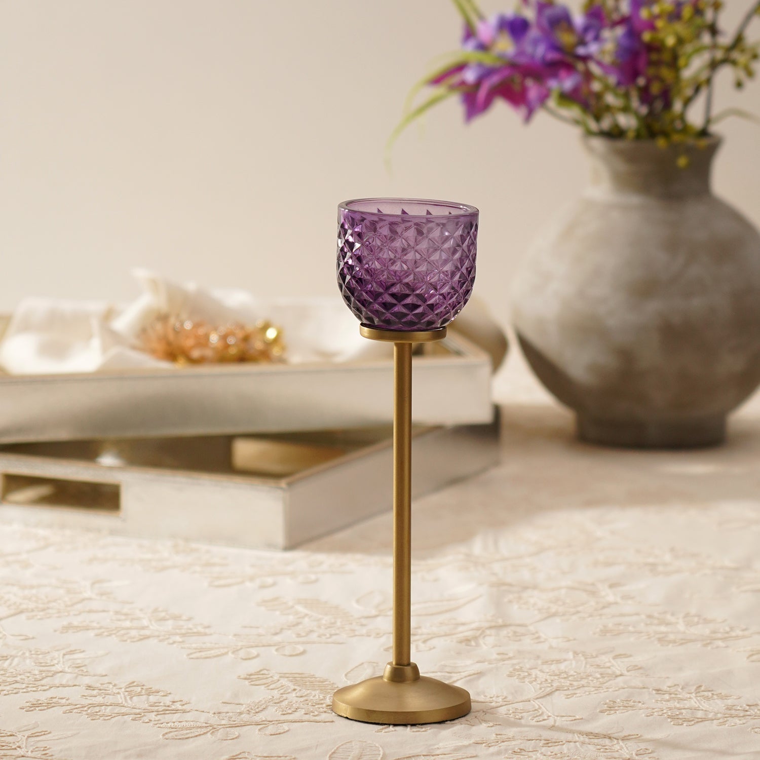 Purple Diamond Texture Candle Holder with Stand - Large
