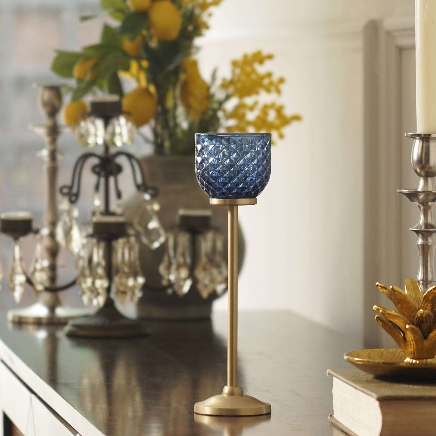 Blue Diamond Texture Candle Holder with Stand - Large
