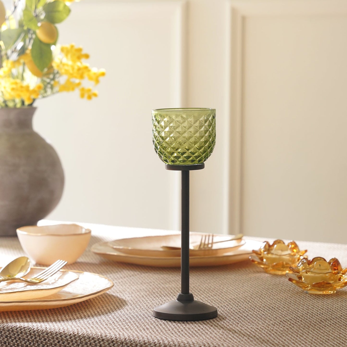 Light Green Diamond Texture Candle Holder with Stand - Small
