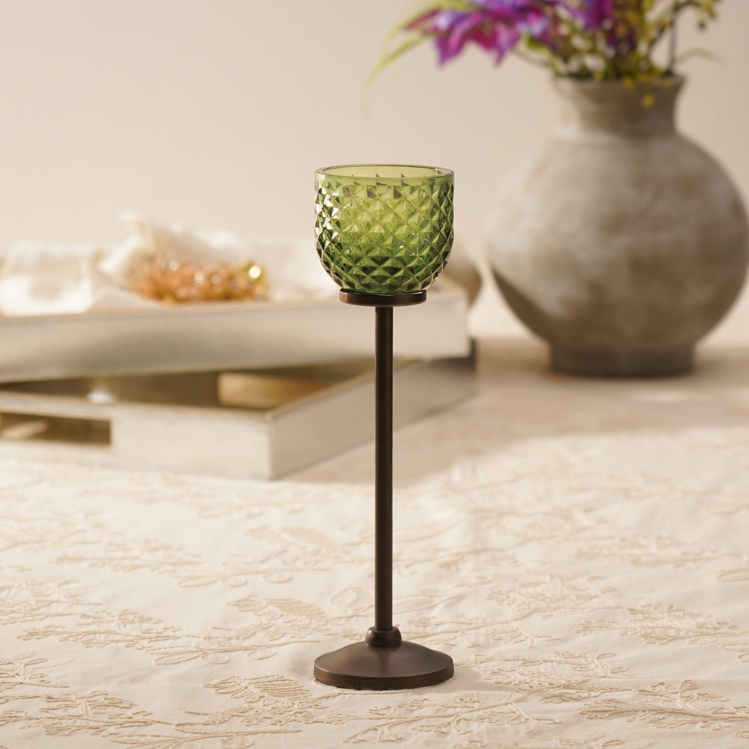 Light Green Diamond Texture Candle Holder with Stand - Large