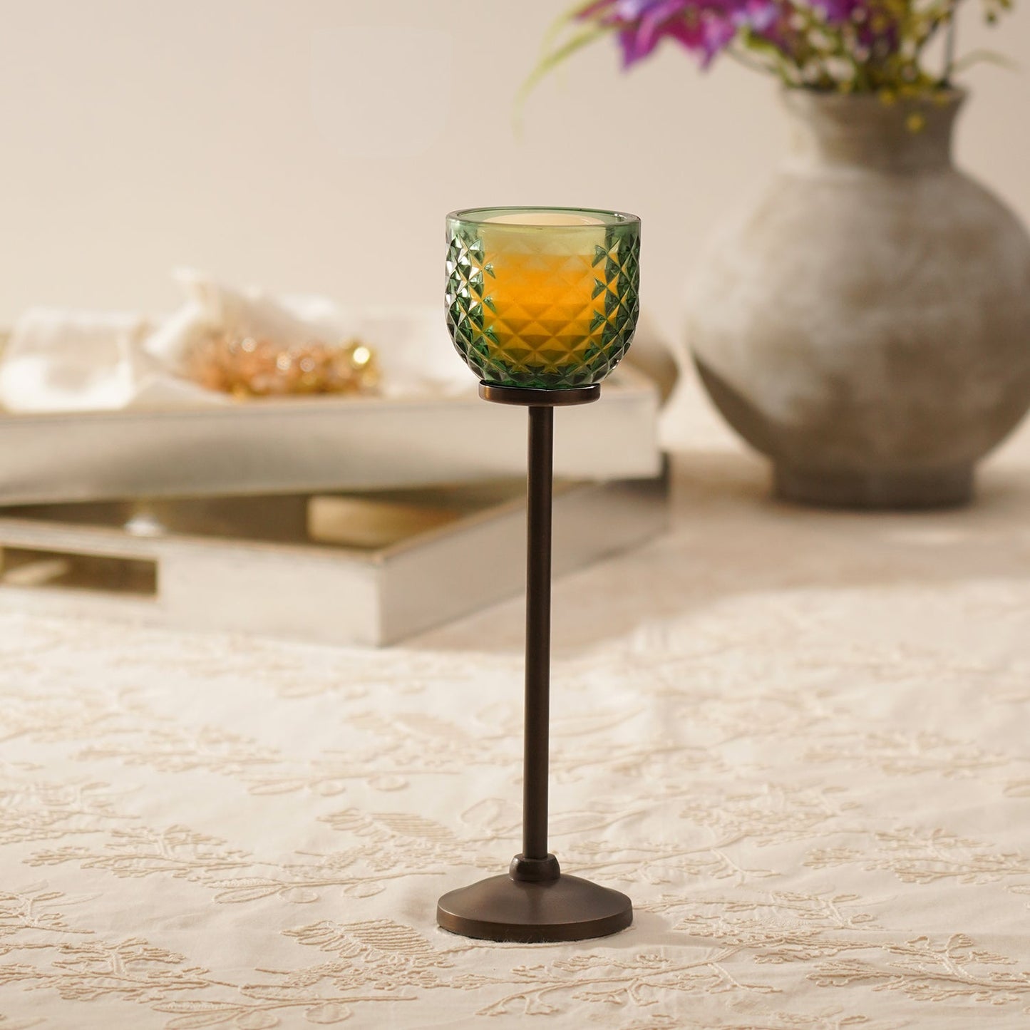 Green Diamond Texture Candle Holder with Stand - Large