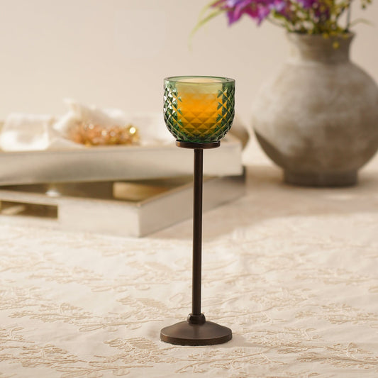 Green Diamond Texture Candle Holder with Stand - Large