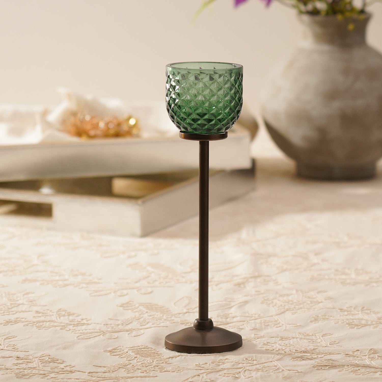 Green Diamond Texture Candle Holder with Stand - Large