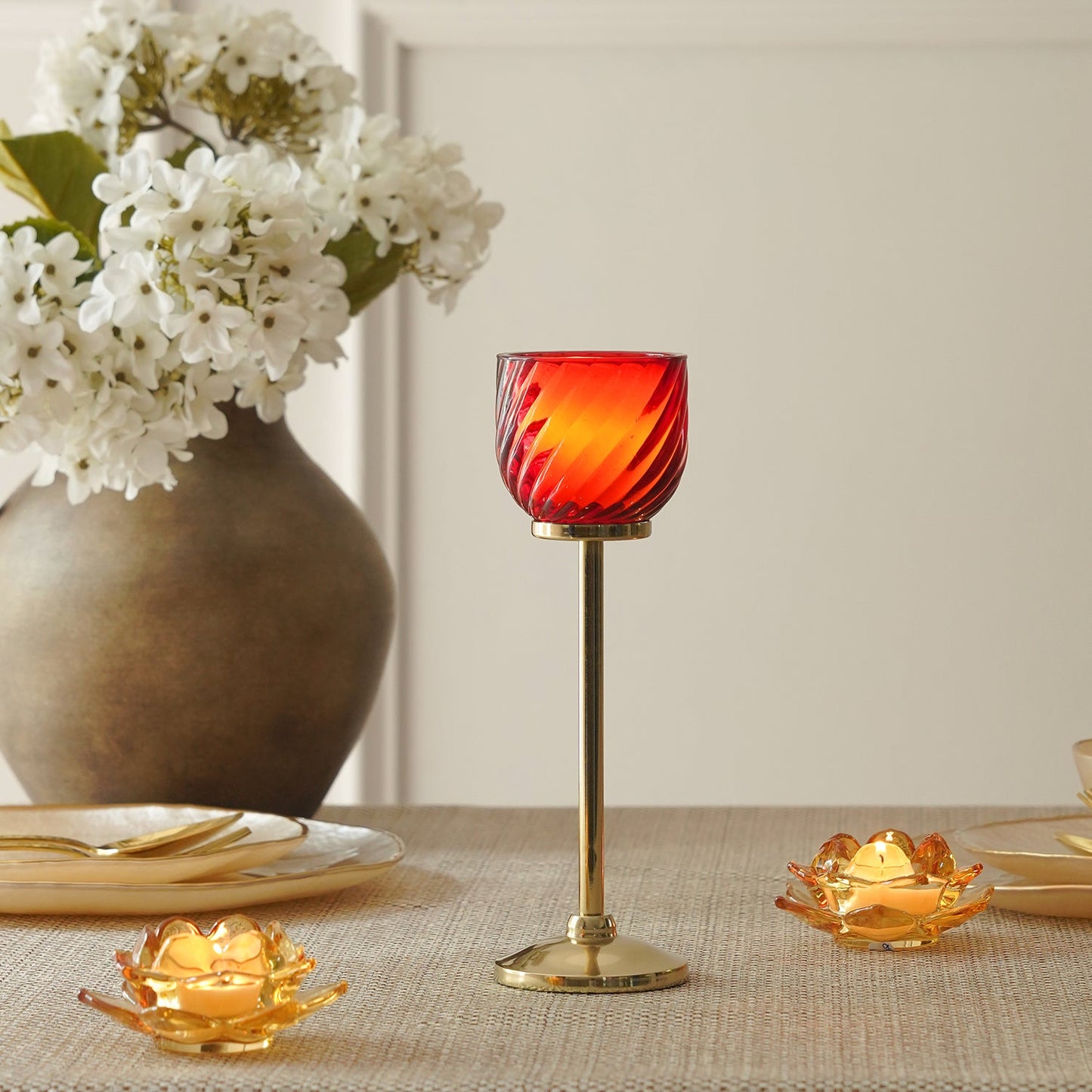 Red Swirl Texture Candle Holder with Stand - Small
