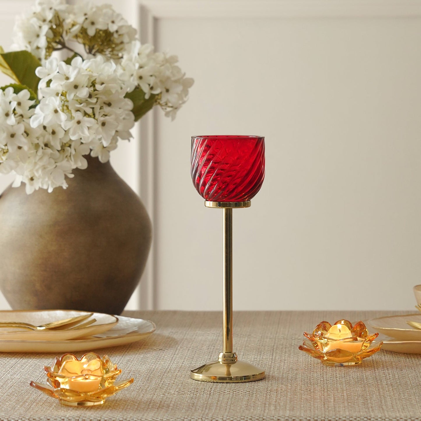 Red Swirl Texture Candle Holder with Stand - Small