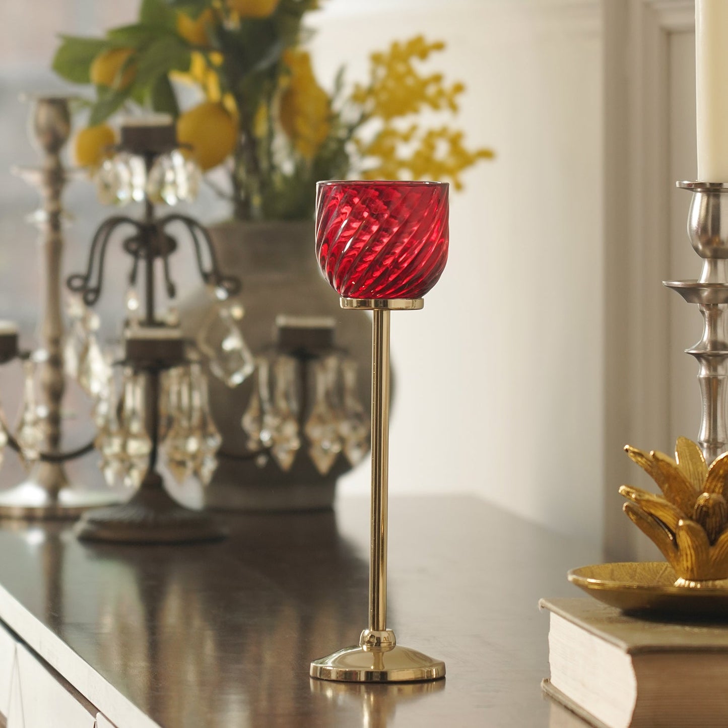 Red Swirl Texture Candle Holder with Stand - Large