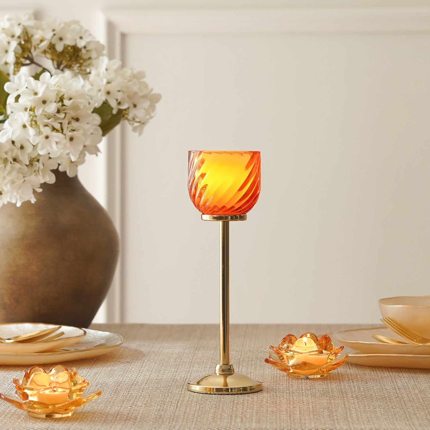 Orange Swirl Texture Candle Holder with Stand - Small
