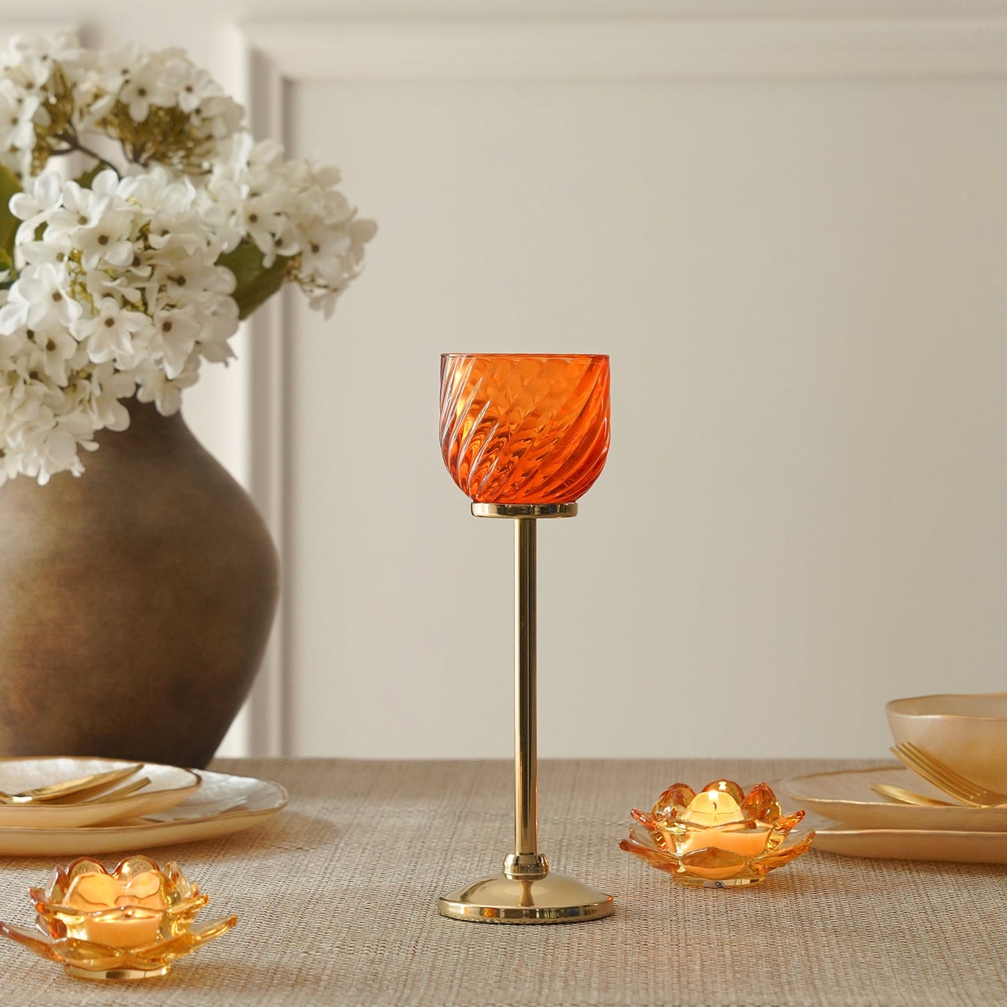 Orange Swirl Texture Candle Holder with Stand - Small