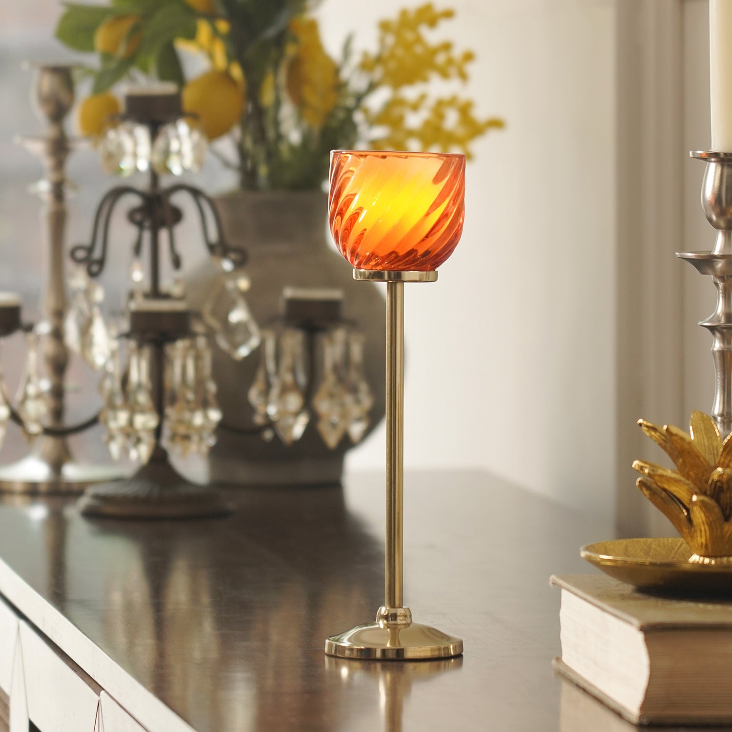 Orange Swirl Texture Candle Holder with Stand - Large