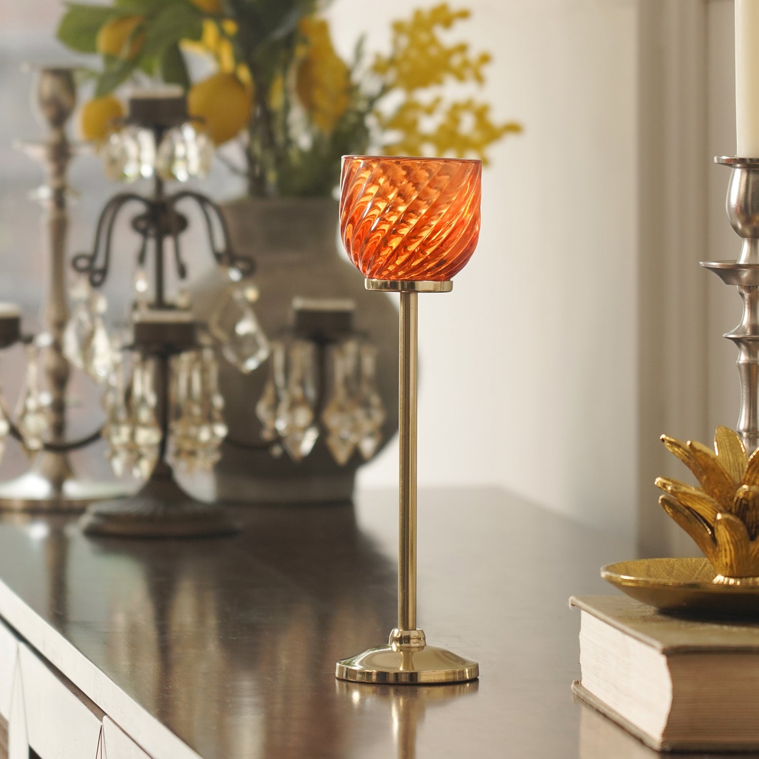 Orange Swirl Texture Candle Holder with Stand - Large