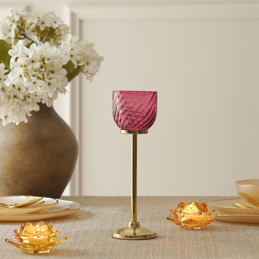 Dark Pink Swirl Texture Candle Holder with Stand - Small
