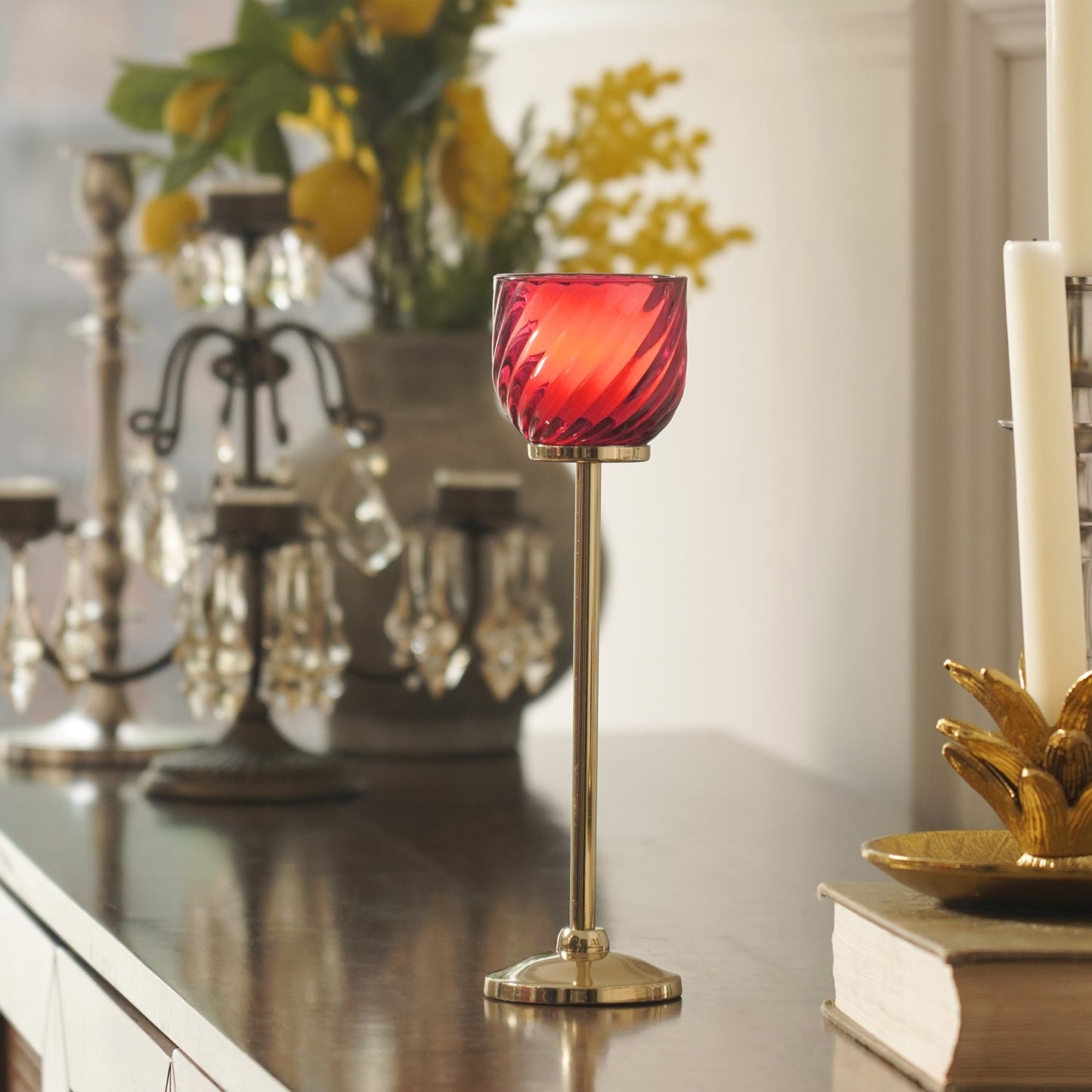 Dark Pink Swirl Texture Candle Holder with Stand - Large