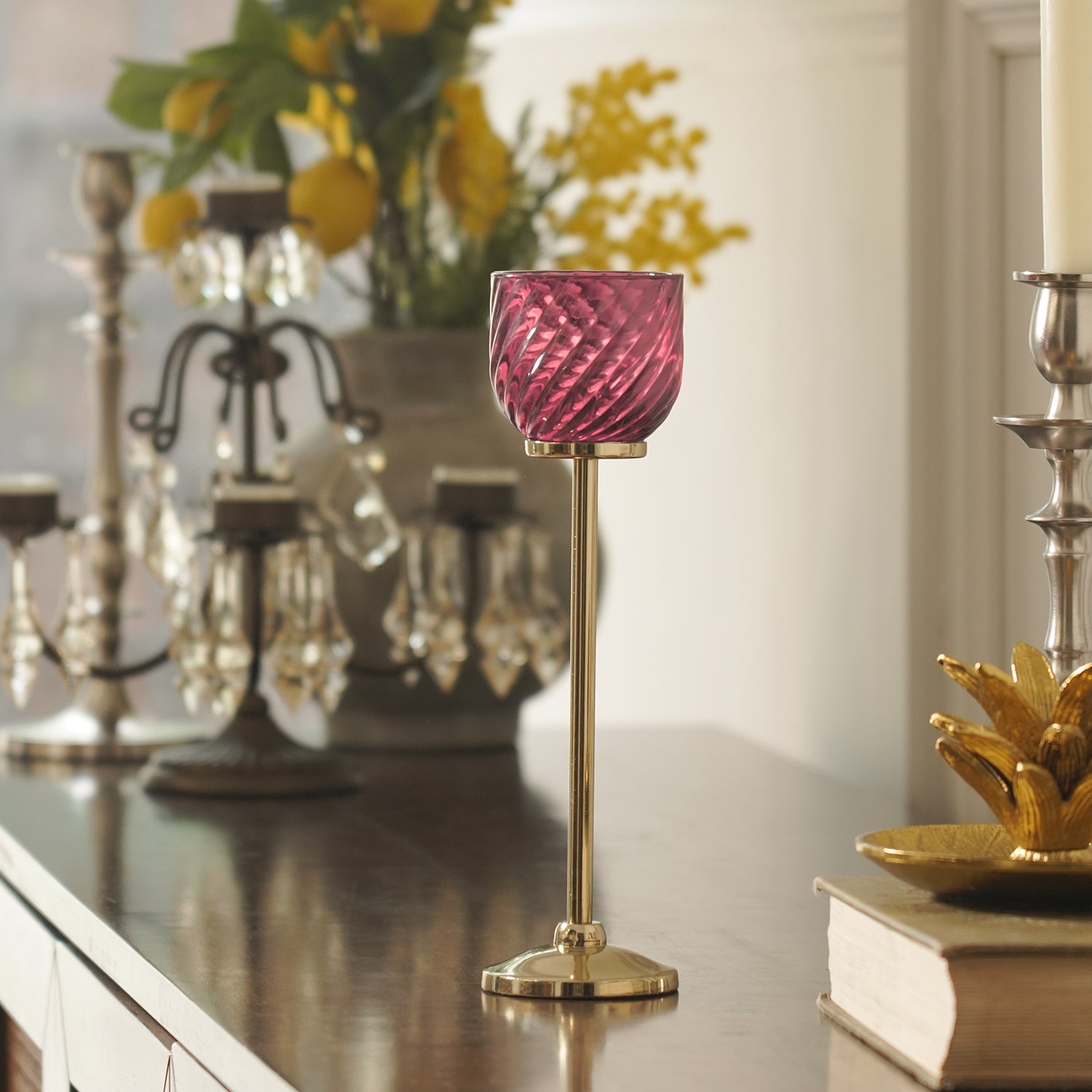 Dark Pink Swirl Texture Candle Holder with Stand - Large
