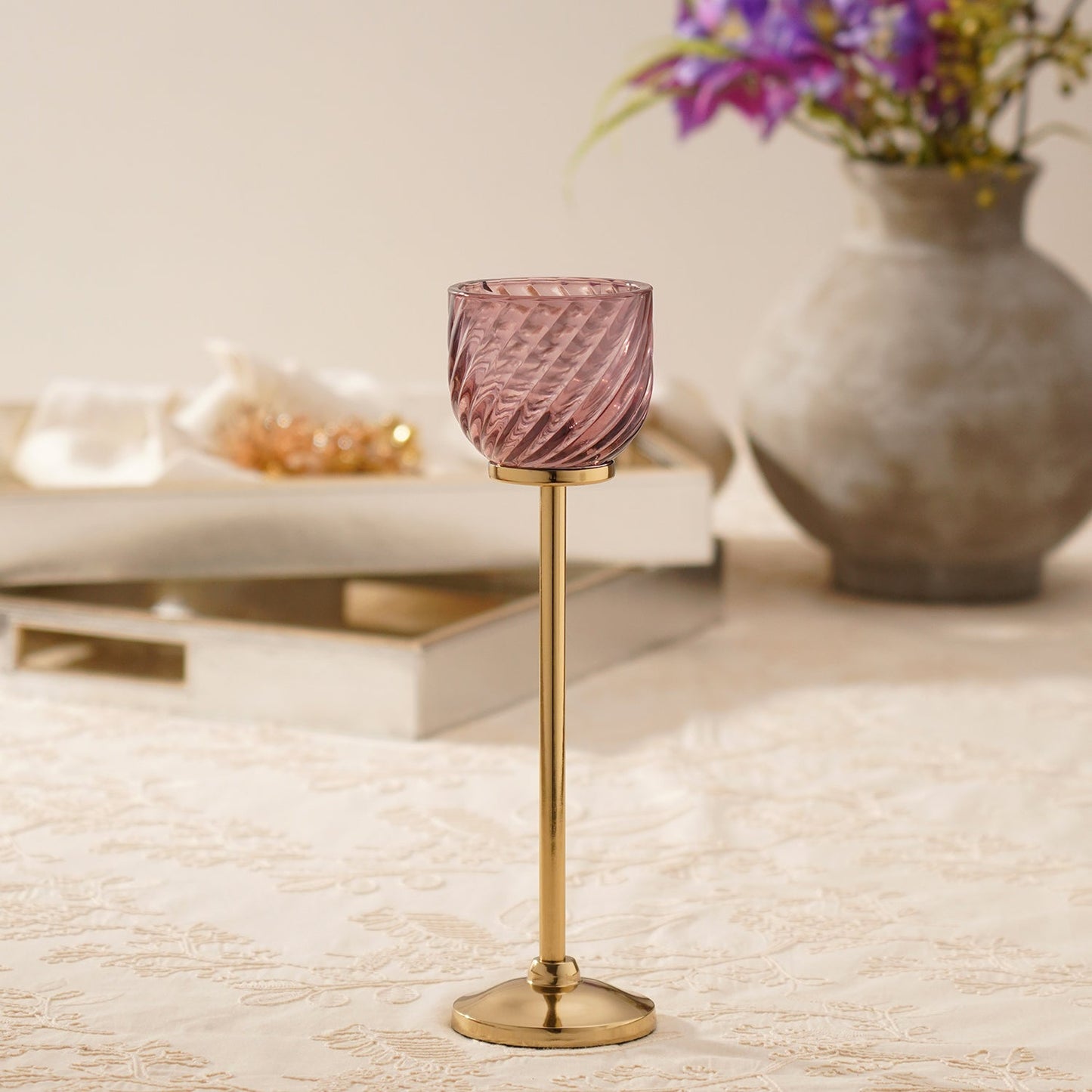 Light Pink Swirl Texture Candle Holder with Stand - Small