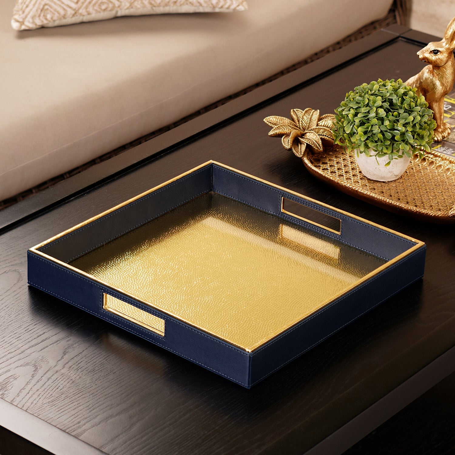 Navy Faux Leather Square Tray