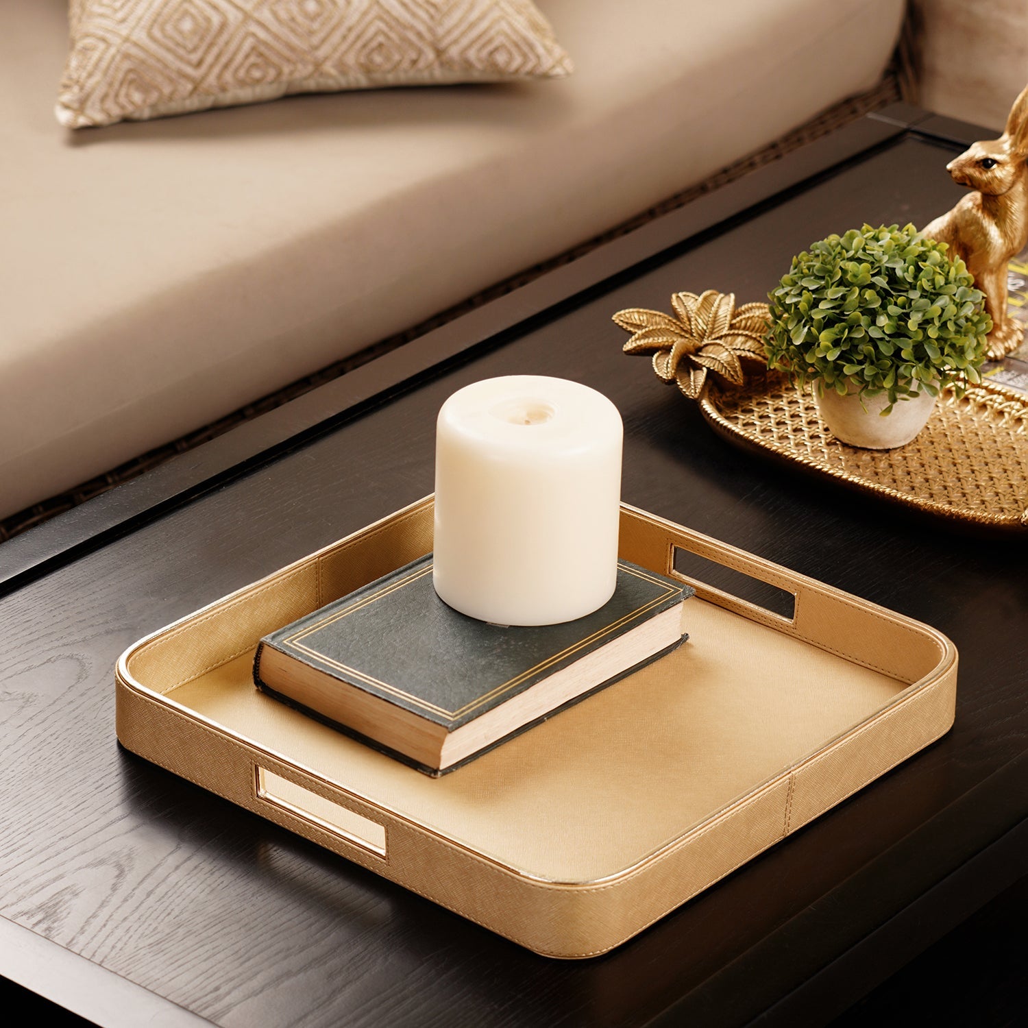 Gold Faux Leather Round Edge Square Tray