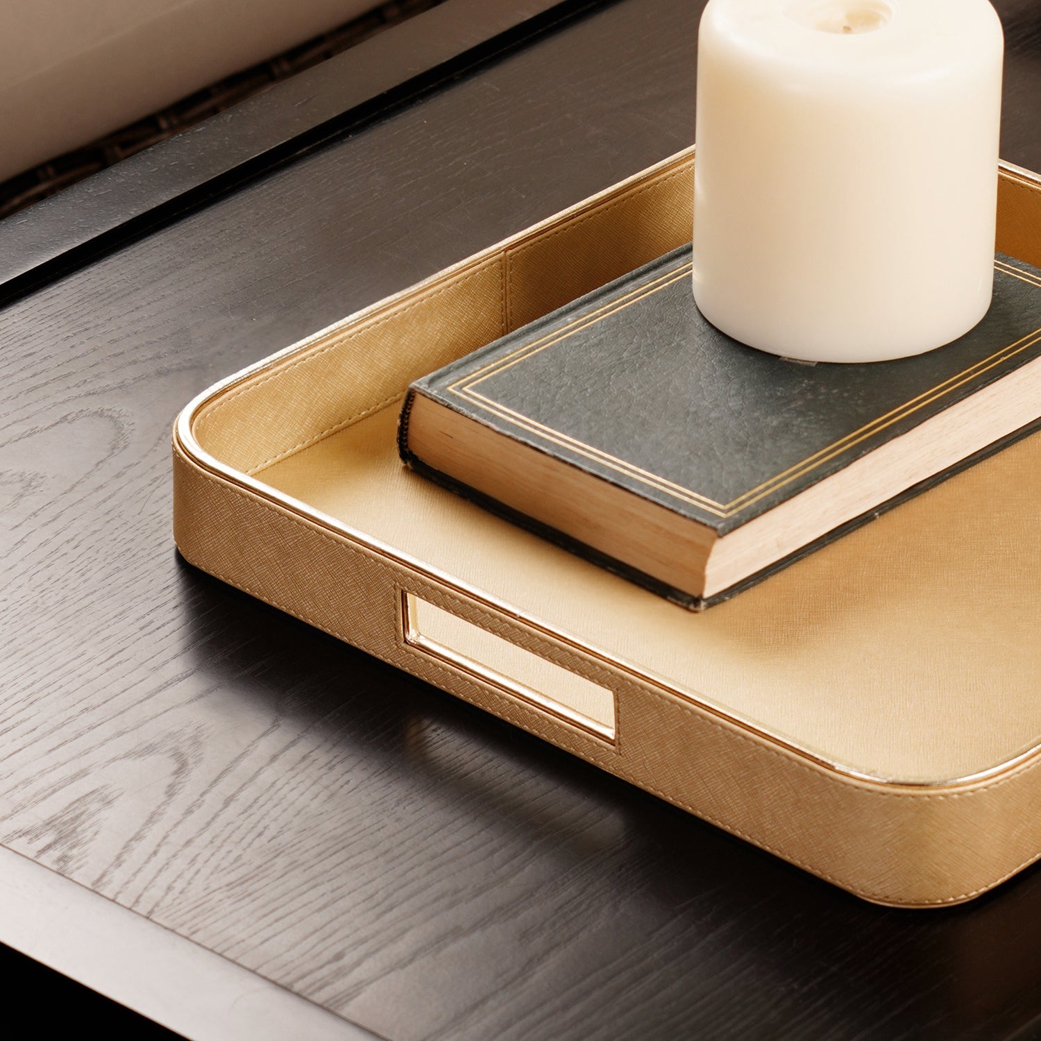 Gold Faux Leather Round Edge Square Tray