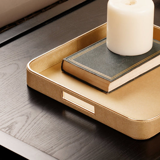 Gold Faux Leather Round Edge Square Tray