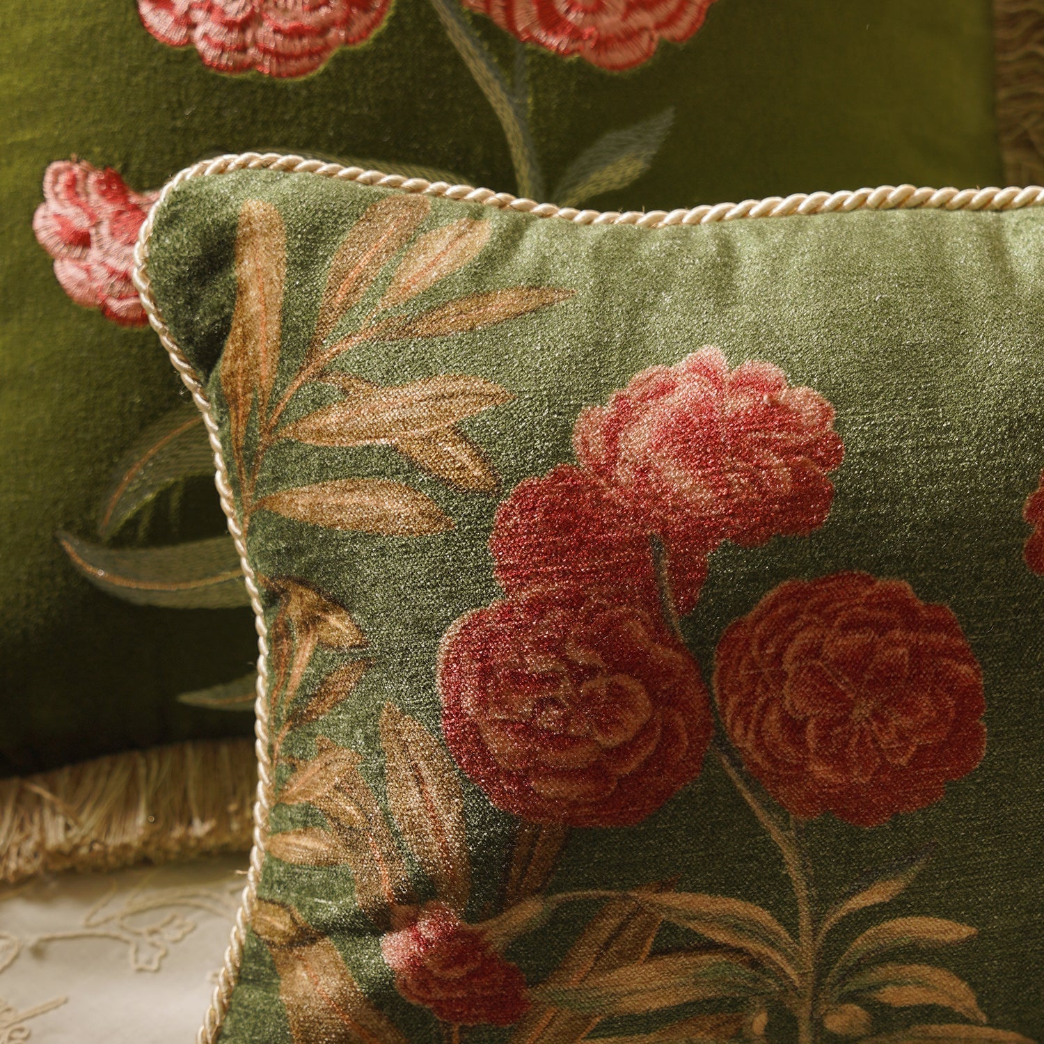 Green Jardin De Rose Cushion Cover